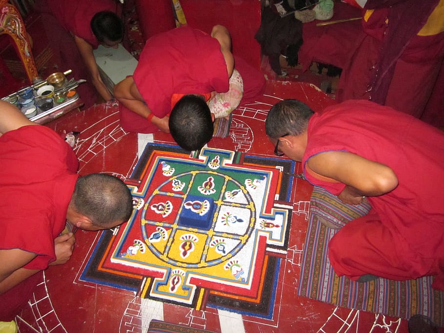 spituk monastery, mandala preparation, painting, monk, painter, artist, working, art, work, artistic