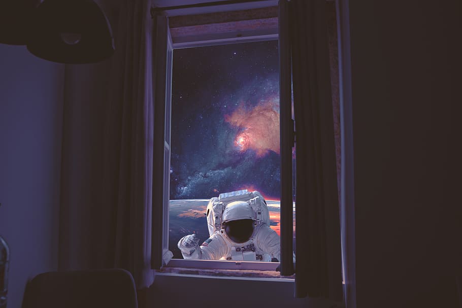 espacio, galaxia, astronout, ventana, manipulación, fondo de pantalla, tierra, hermosa, sala, android