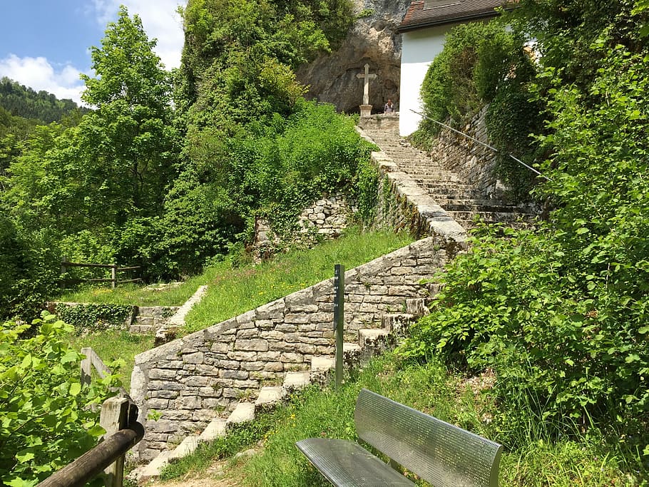 ruin, hermitage, st ursanne, stairs, wall, switzerland, green, forest, stone, staircase