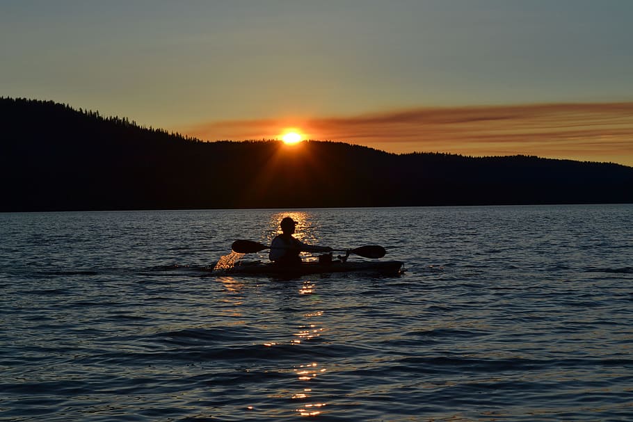 sunset, mountains, kayak, oar, water, clouds, sky, beauty in nature, silhouette, leisure activity