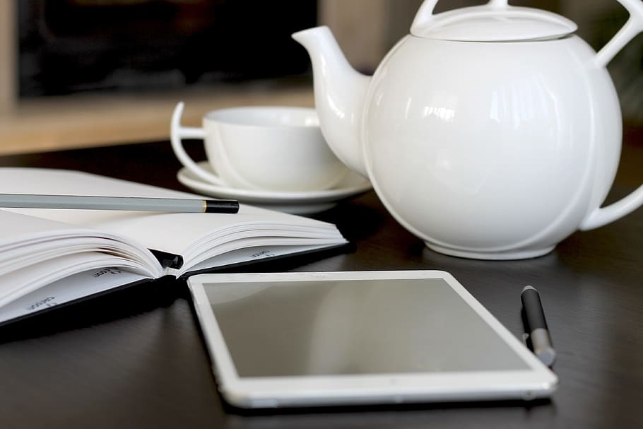 white, tablet, stylus pen, teapot, office, ipad, notepad, work, desk, tea pot