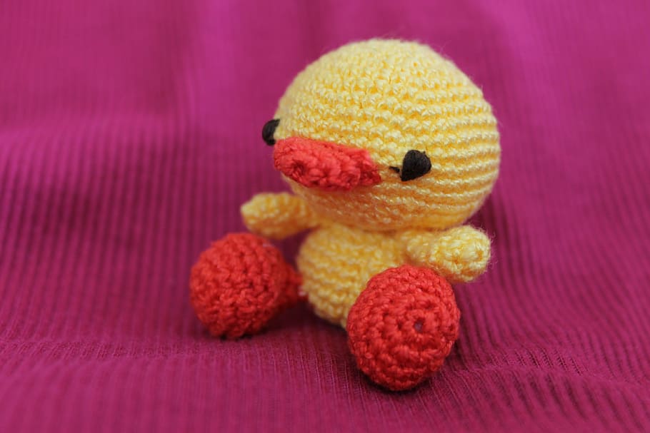 黄色, 赤, 鳥あみぐりみ人形, アヒル, おもちゃ, かぎ針編み, 動物, 小, 小さな, 鳥