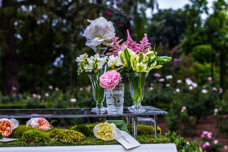 wedding, wedding flowers, center piece, pieces, glass vase, vases, garden, decoration, plant, green