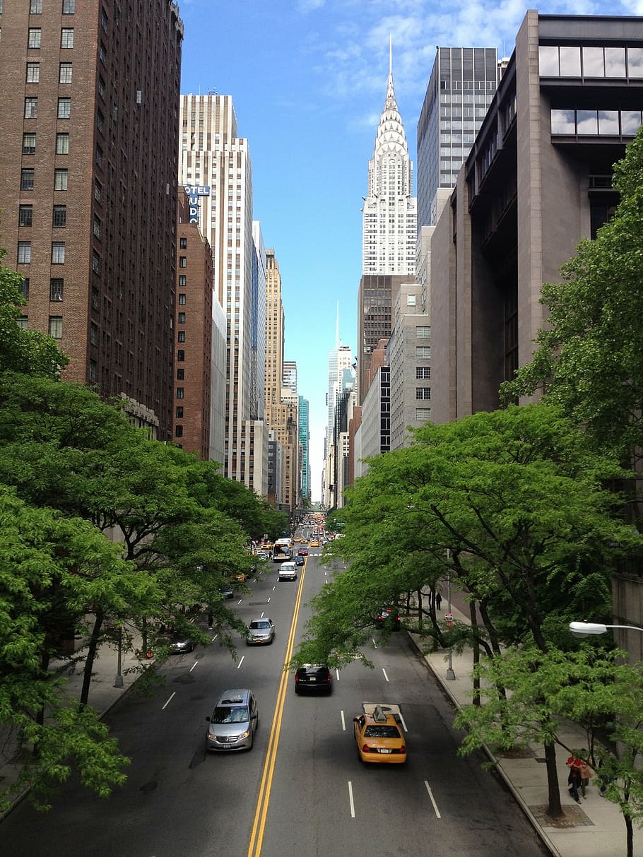 several, vehicle, road, blue, sky, chrysler building, new york, nyc, ny, metropolis