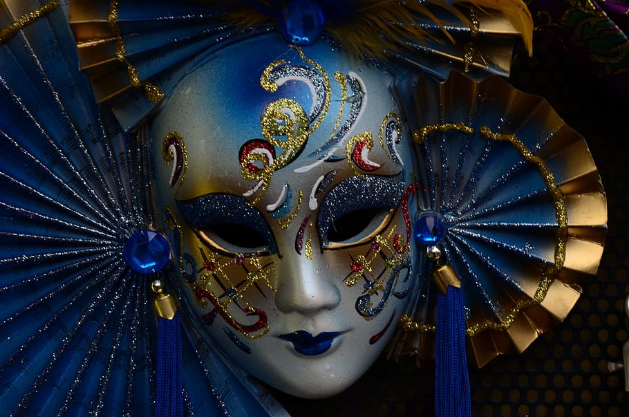 fringed, blue, gold, silver glitter masquerade, mask, venice, carnival, costume, italy, venezia