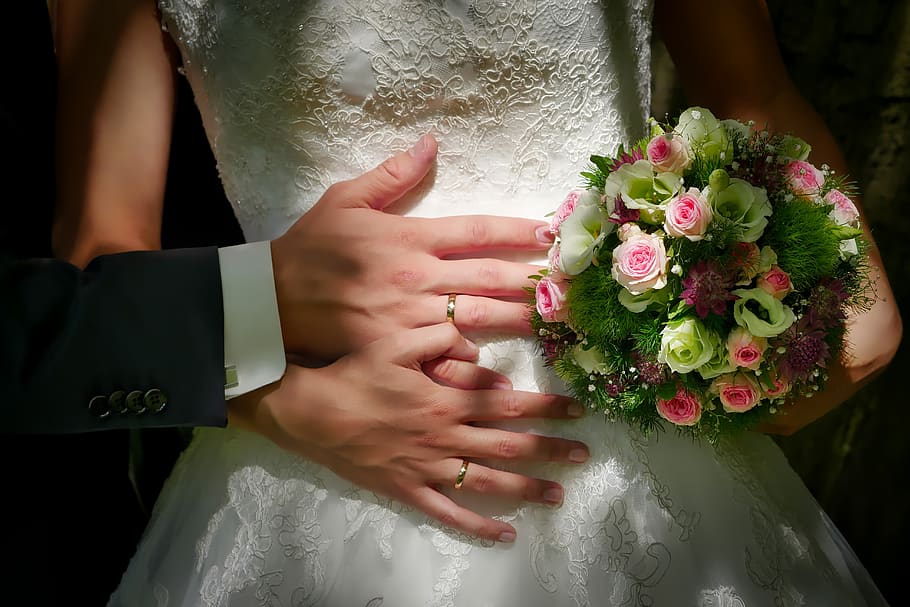 bride and groom, wedding, groom, human, flower, ring, hand, photo shoot, romantic, dress