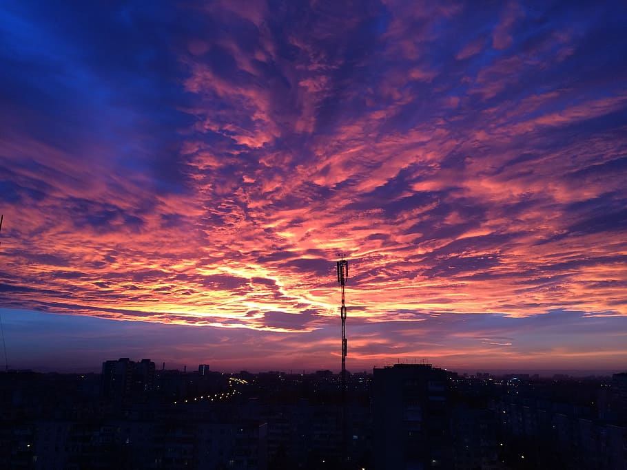 sunset, city, view, window, sky, night, view from the window, on the street, cloud - sky, architecture