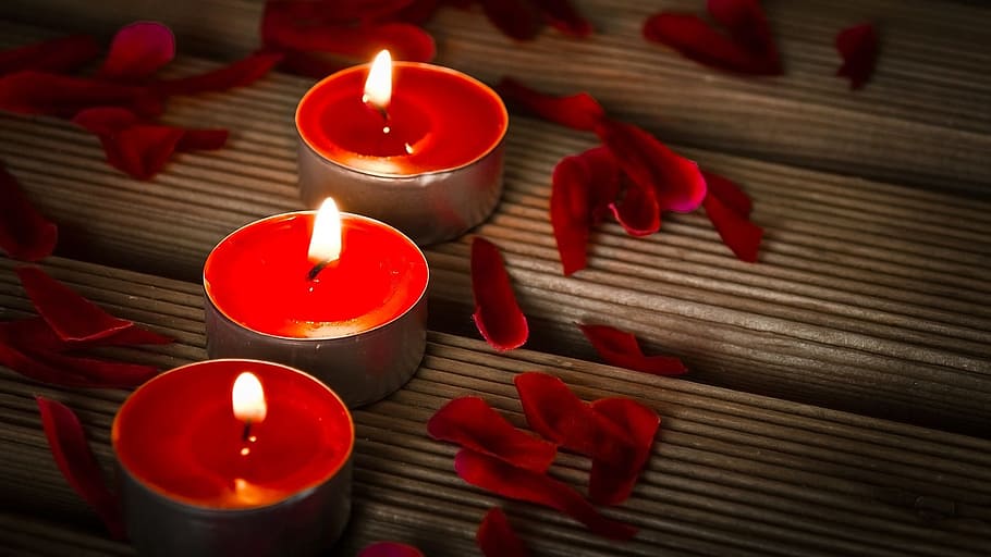 three, red, tealights photography, candles, flames, decoration, dark, celebration, lights, burning