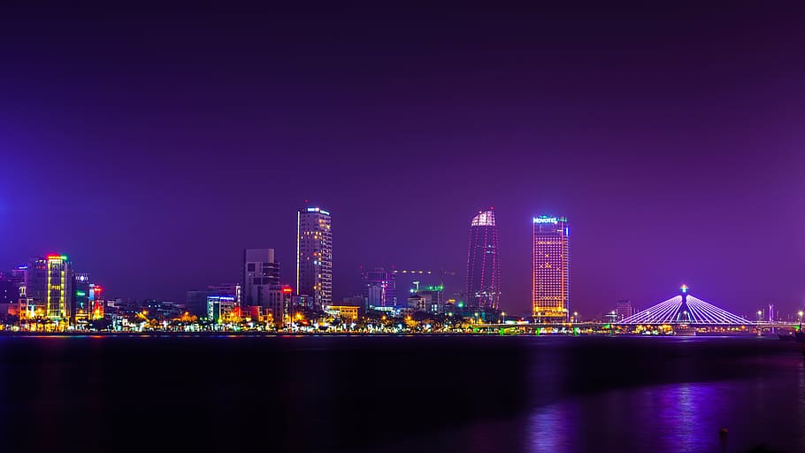 high-rise, building, danang, vietnam, da nang, skyline, night, river, bridge, cityscape