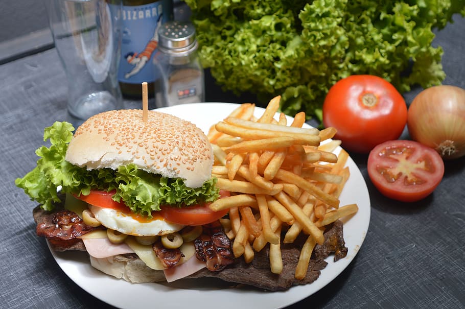 burger, fries, white, plate, potato chips, tomato, food, cholesterol, menu, fast food