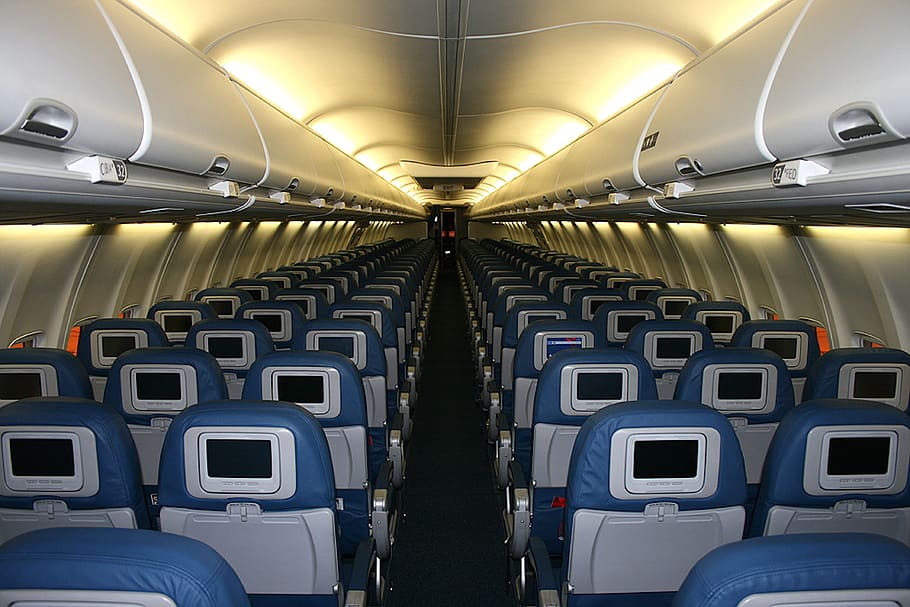 blue, gray, airplane, interior, empty, seats, cabin, aircraft, luggage compartments, storage space
