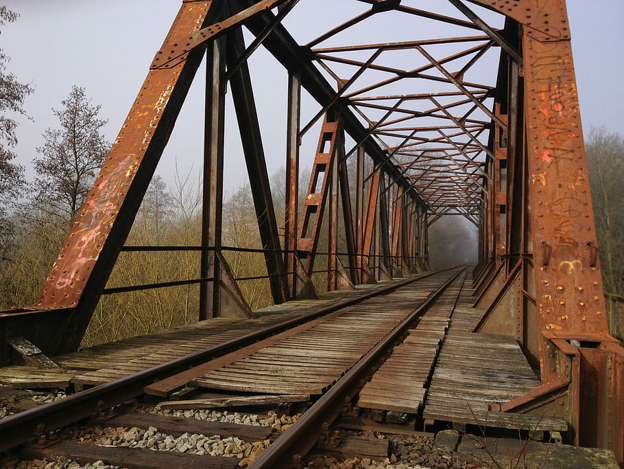 Bridge, Railway, Rusted, iron construction, auburn, historically, seemed, old, transportation, railroad track