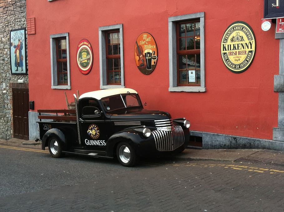 classic, black, guinness delivery truck, ireland, kilkenny, auto, guinness, pub, built structure, city