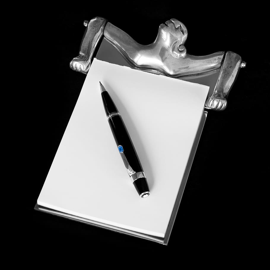 notepad and pencil, carrol boyes, pewter notepad, woman, mont blanc, pencil, paper, pad, white, crafted