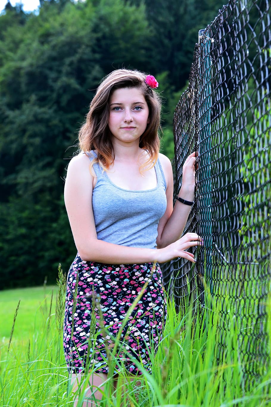 woman, chain link fence, standing, daytime, girl, summer, nature, plant, leisure activity, one person