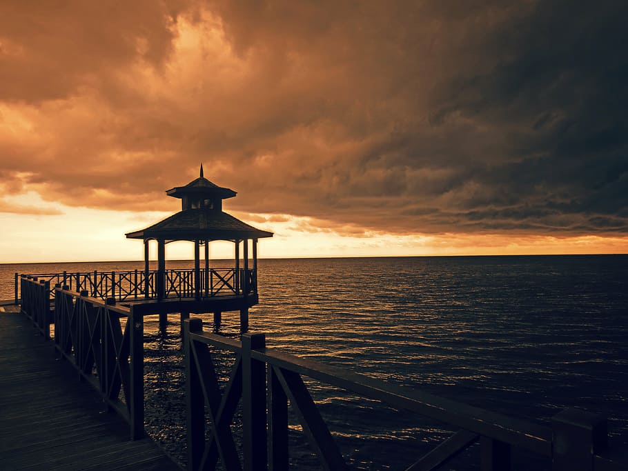 brown, wooden, dock, dusk, walkboard, jamaica, sunset, pier, beach, clouds
