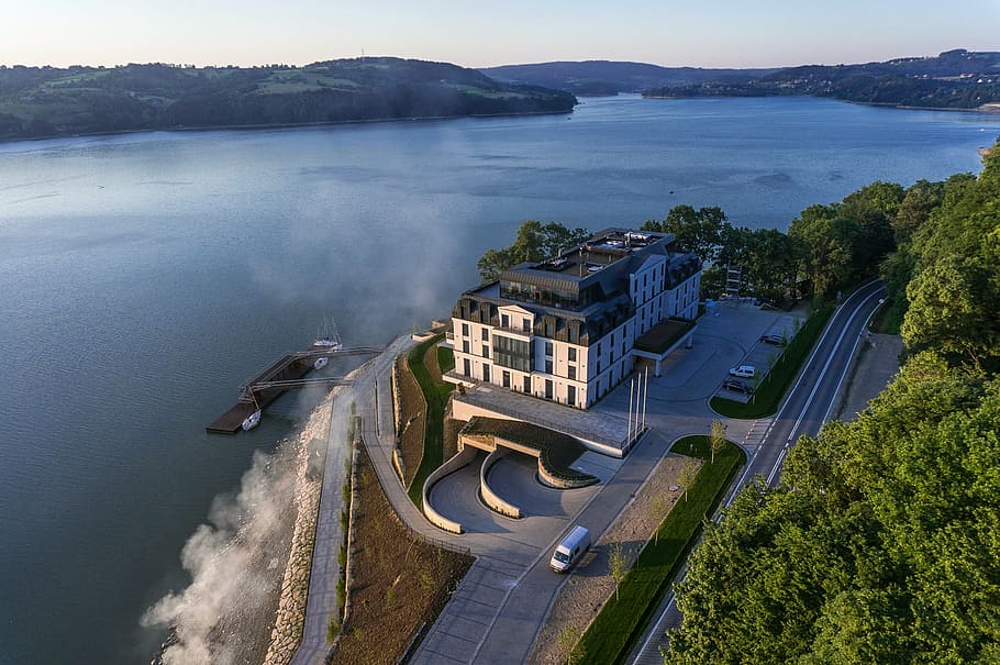 roznowskie lake, pictures of drone, picture from the air, aerial photos, aerial photo, shooting with drone, poland, water, architecture, building exterior
