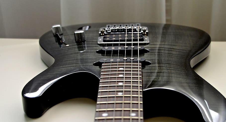 closeup, black, gray, double, cutaway, electric, guitar, electric guitar, stringed instrument, musical instrument