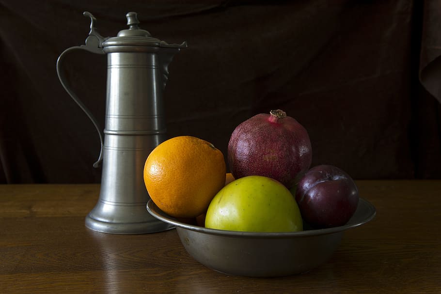 assorted, fruits, gray, steel bowl, still life, pewter ewer, pewter bowl, fruit, orange, apple