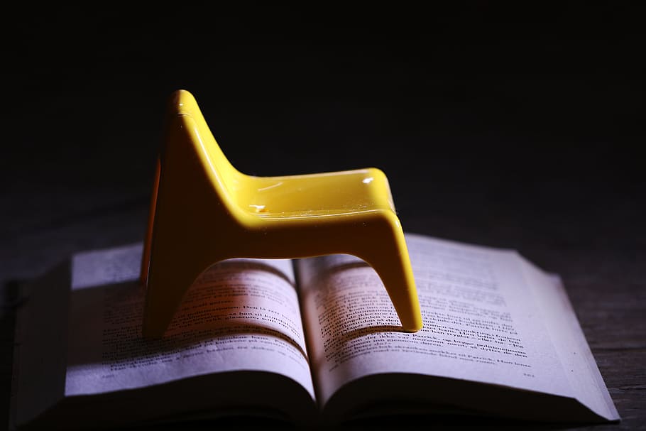 Chair, Book, Yellow, reading, tiny, education, learning, studio shot, newspaper, business