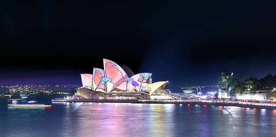sydney opera house, multicolored, lights, night time, sydney, australia, city, landmark, travel, water
