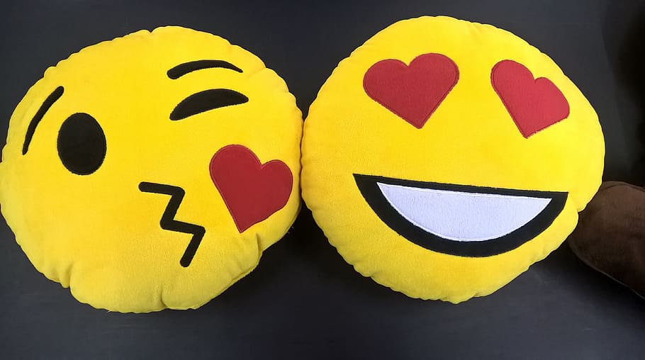 two, yellow, emoji, plush, pillows, emoticon, smiley, kiss, emoticon kiss, love