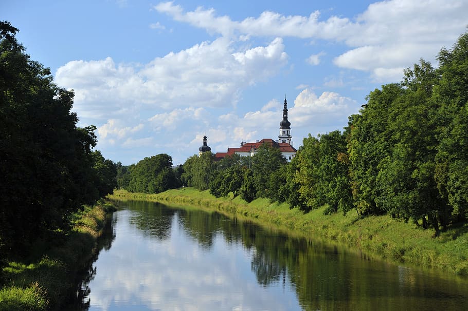 olomouc, the monastery hradisko, water, city, tree, sky, plant, cloud - sky, architecture, reflection