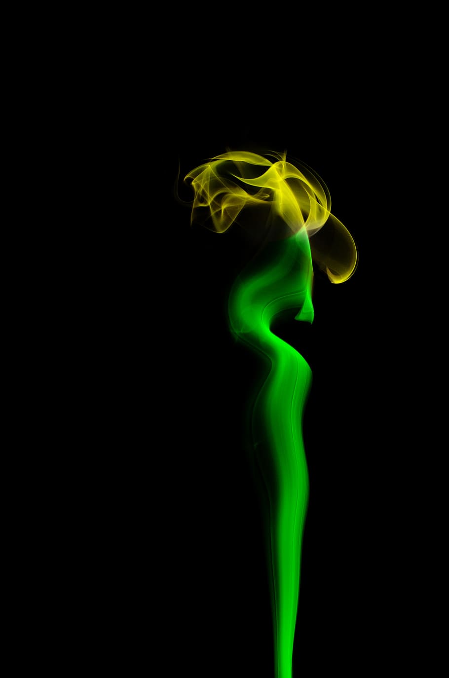 Fumaça, Flor, fumaça verde e amarela, fundo preto, tiro do estúdio, cor verde, dentro de casa, movimento, fumaça - estrutura física, ninguém