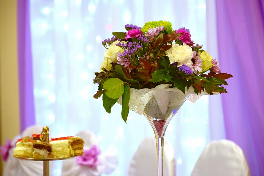 assorted-color flowers centerpiece, arrangement, beautiful, beauty, blossom, bouquet, cakes, celebration, decoration, decorations