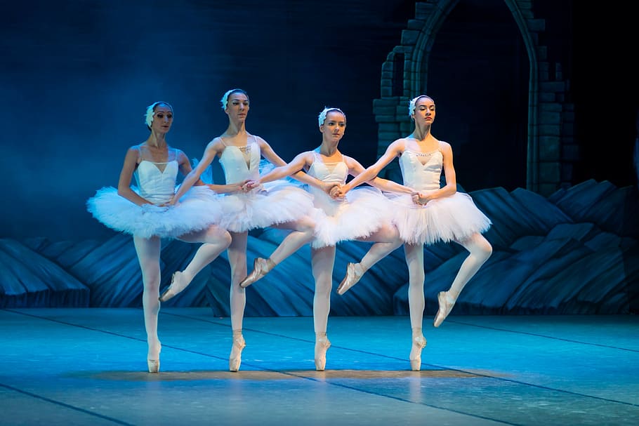 several, ballet dancer, tip-toe stance, inside, well, lighted, room, ballet, swan lake, ballerina