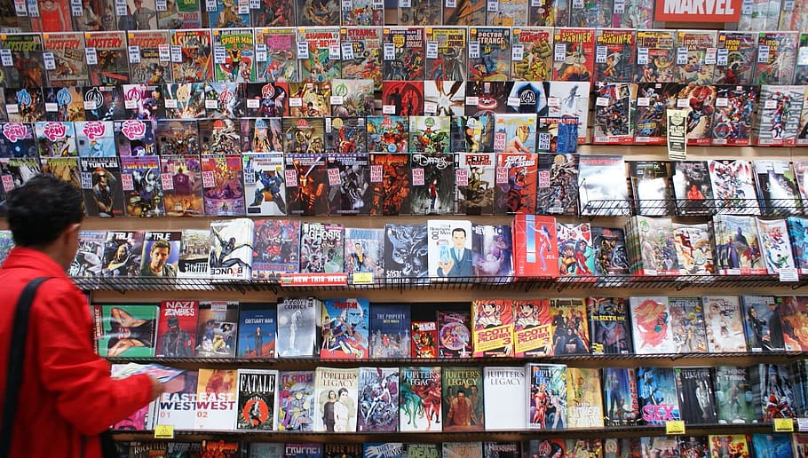 person, standing, front, comic, book, stand, comic book, marvel, books, shop