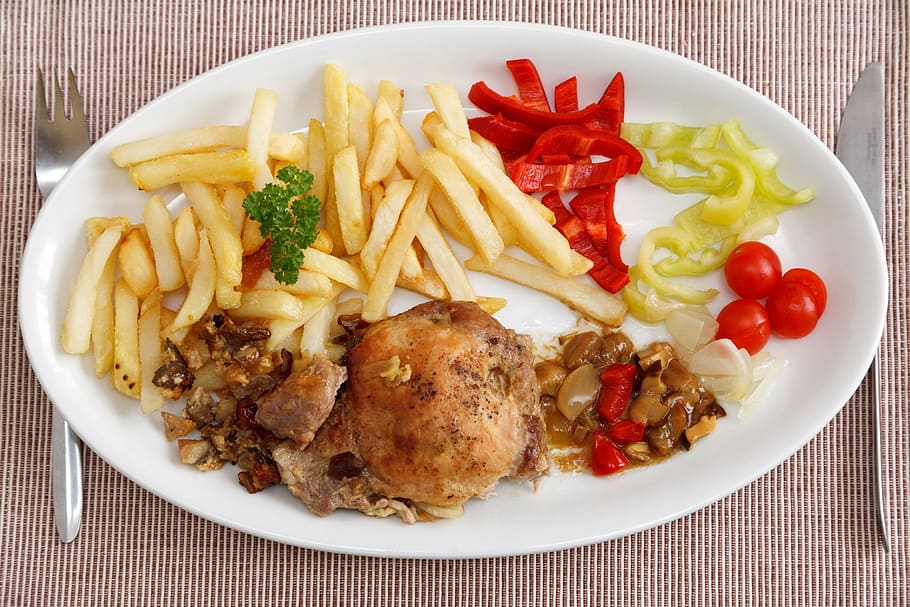 potato fries, fried, chicken, vegetables, white, ceramic, tray, cuisine, eating, meat