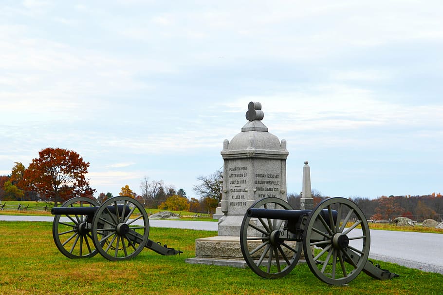 cannon, history, battle, military, gettysburg, monument, old, sky, nature, architecture