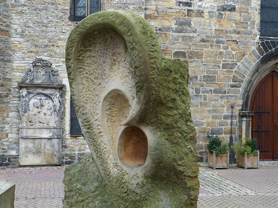 escultura, oreja, stadthagen, baja sajonia, piedra arenisca, escuchar, oír, atención, piedra, arquitectura