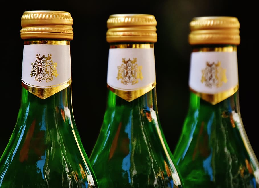three, green, glass bottles, yellow, bottle caps, wine, drink, restaurant, weinstube, alcohol