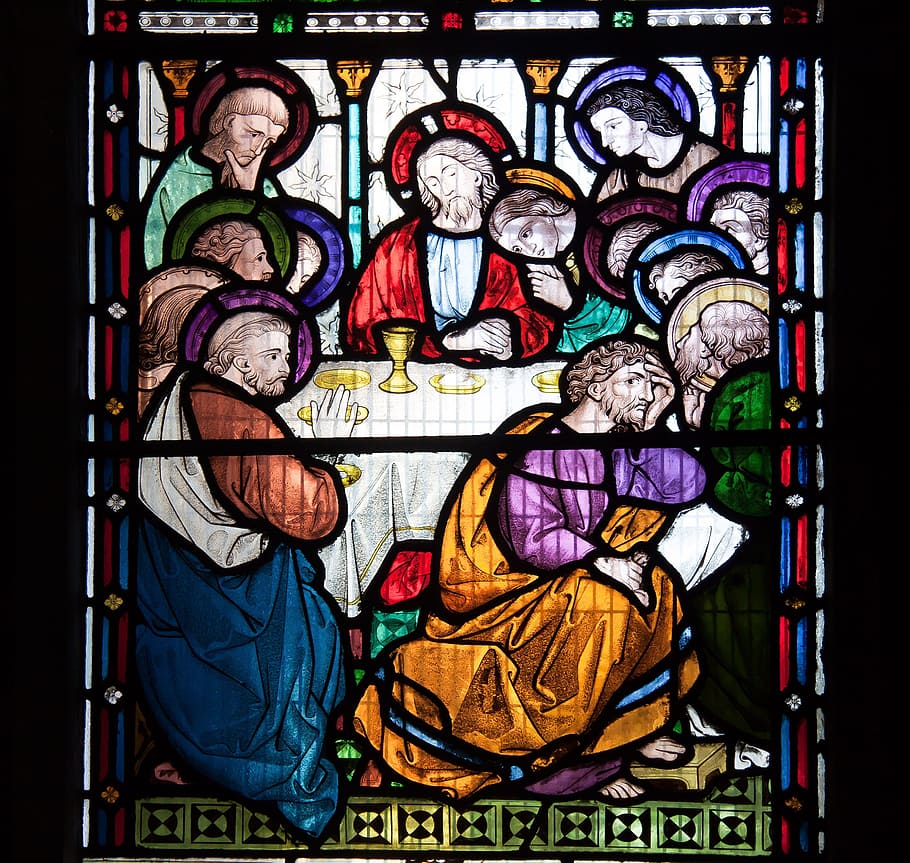 religious painting, Last Supper, 12 Apostles, Jesus, the last supper, stained glass, lead, leaded glass, gothic, old
