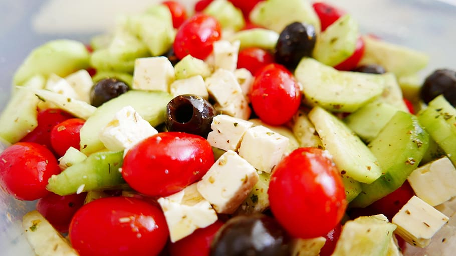 assorted, fruits, clear, glass bowl, greece, greek salad, salad, tomatoes, feta, cheese