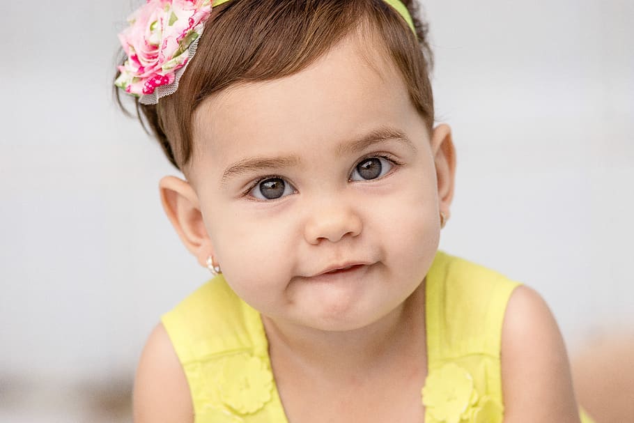 baby girl, wearing, yellow, dress, close-up photo, child, nice, small, innocence, joy
