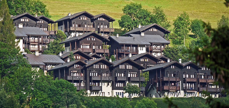 valais cottage settlement, gabled houses, terraced houses, wood construction, balconies, loggia, slope, hillside location, valais, switzerland