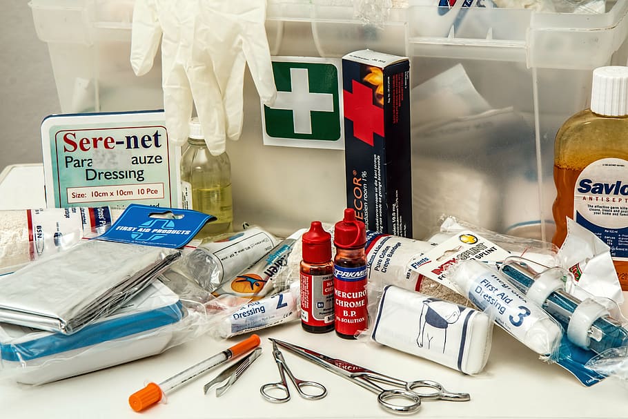 assorted, medical, cleaning bottles, tools, first aid, kit, first aid kit, emergency, medicine, cross