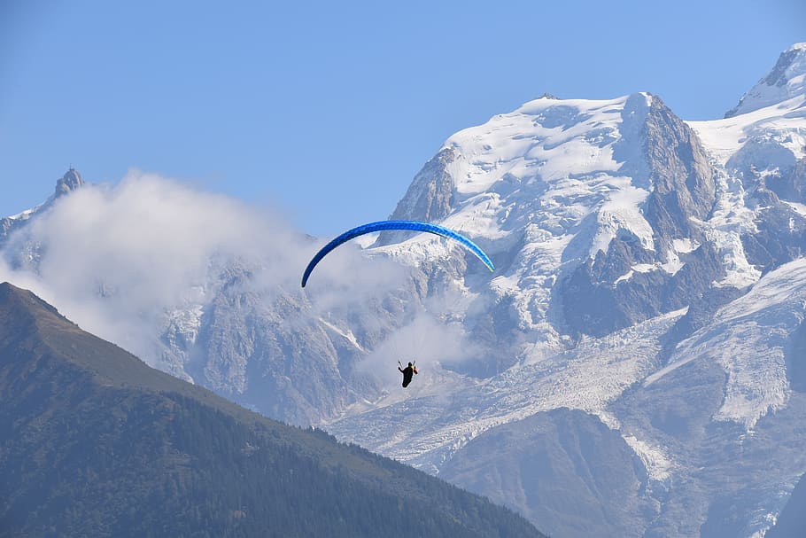 paralayang, paraglider, gunung mont-blanc, salju abadi, panorama, penerbangan, haute savoie, passy-plaine-joux, alam, pemandangan gunung