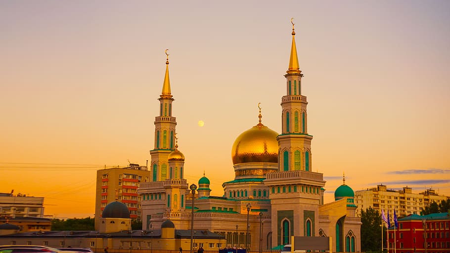white, gold, structure, Concrete, moscow cathedral mosque, prospekt mira, ramadan, sky, mosque, panorama