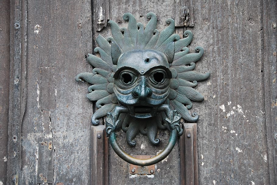 close-up, gray, tribal, door knocker, durham, cathedral, door, knocker, metal, face
