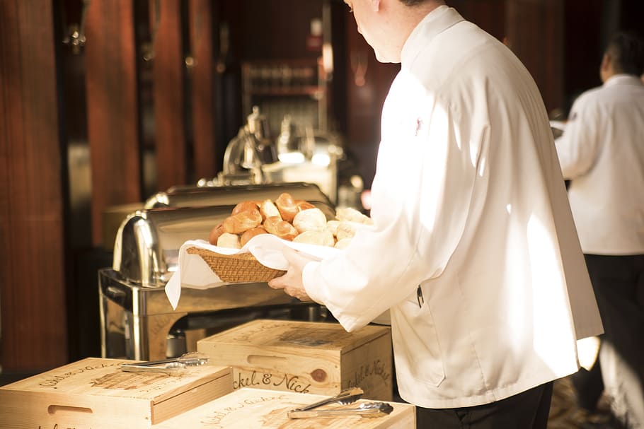 man, white, shirt, waiter, bread, deliver, serve, food, restaurant, service
