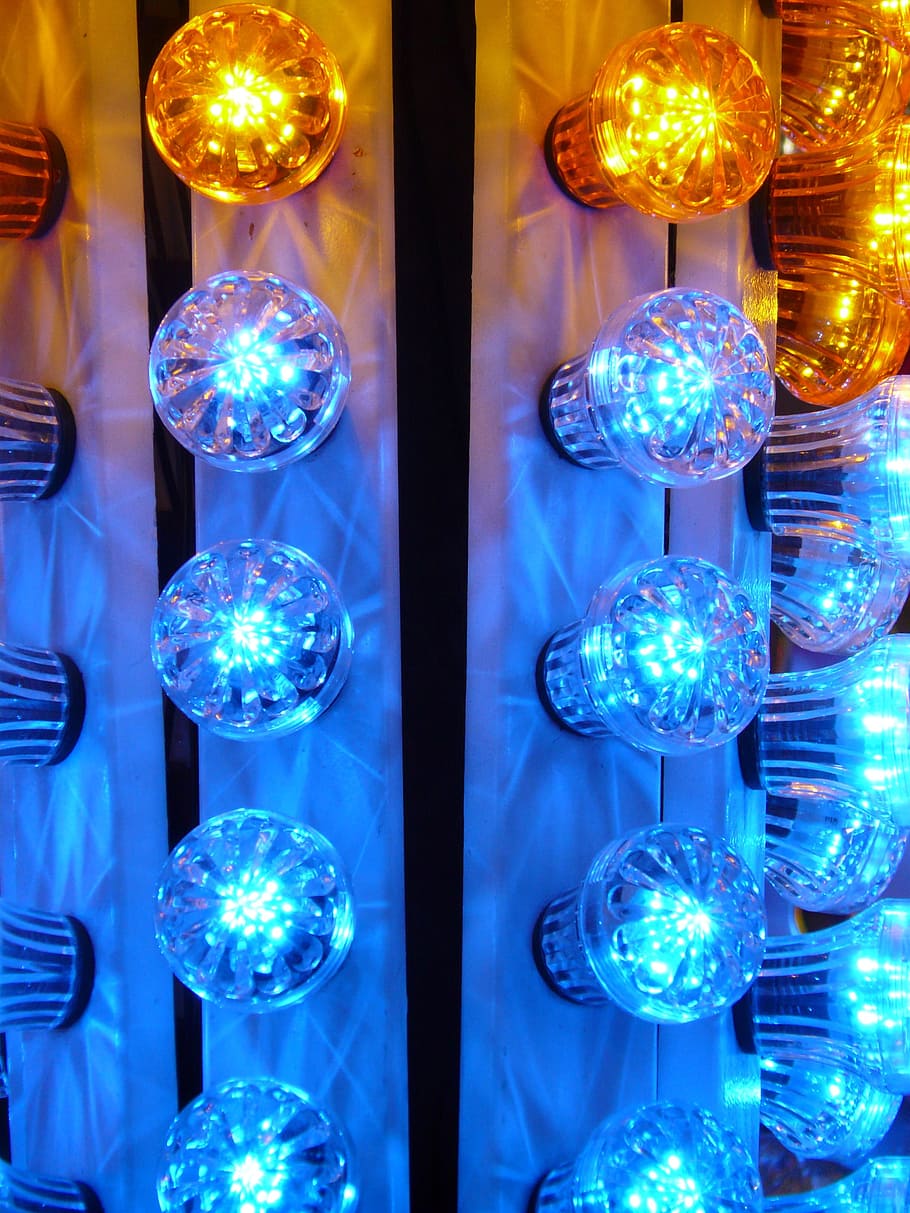 light bulbs, lighting, lights, lichterkette, colorful, color, orange, blue, folk festival, year market