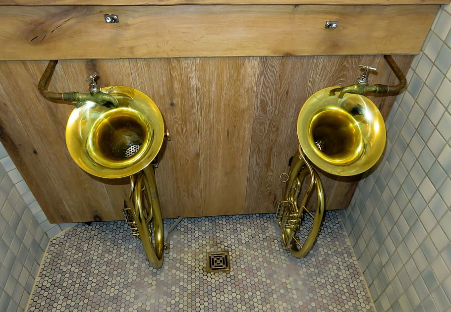 two, brass-colored trumpets, shower room, Wc, Loo, Public Toilet, Urinal, toilet, man toilet, mountain hut