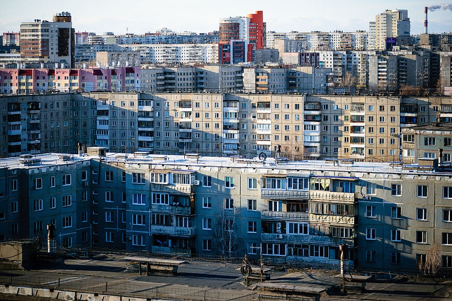 gueto, ciudad, urbano, subterráneo, chelyabinsk, rusia, pared, construcción, edificios densos, gris
