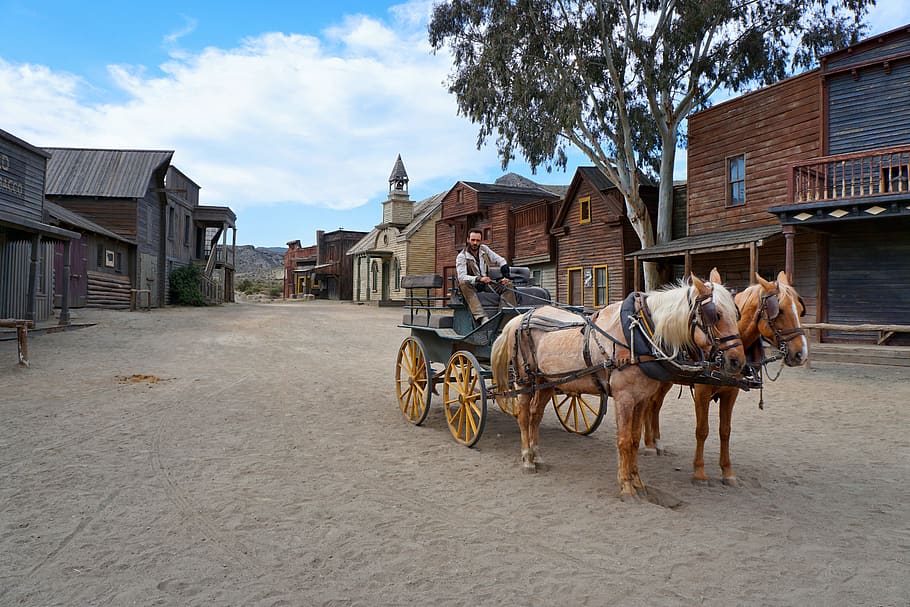 western town, old, historical, architecture, western, spain, tabernas, film set, horses, coach