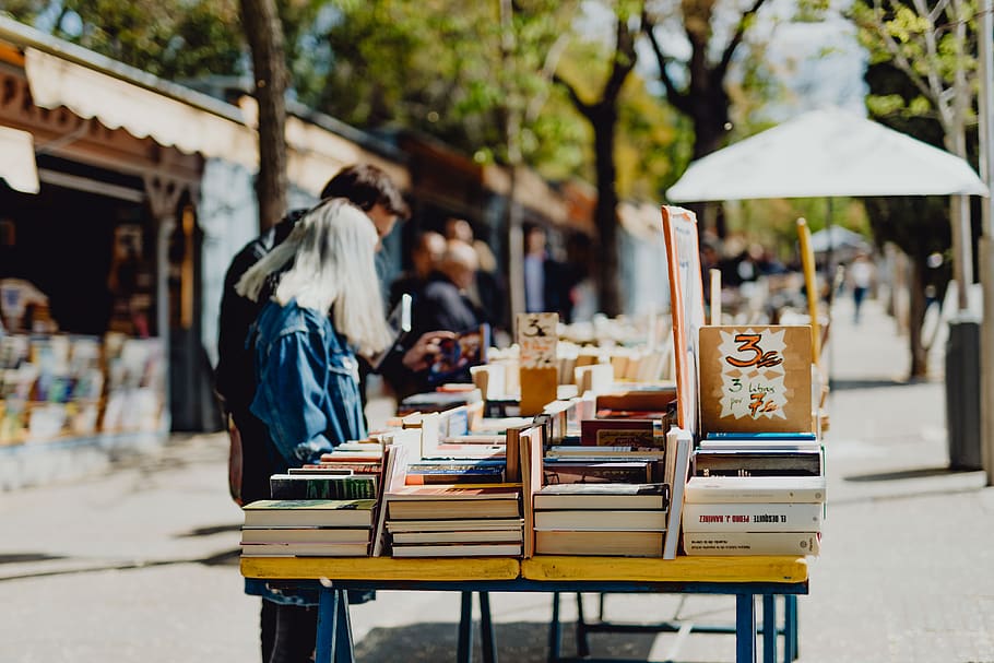 libros, feria, mercado, libro, bazar, usado, madrid, españa, calle, mesa
