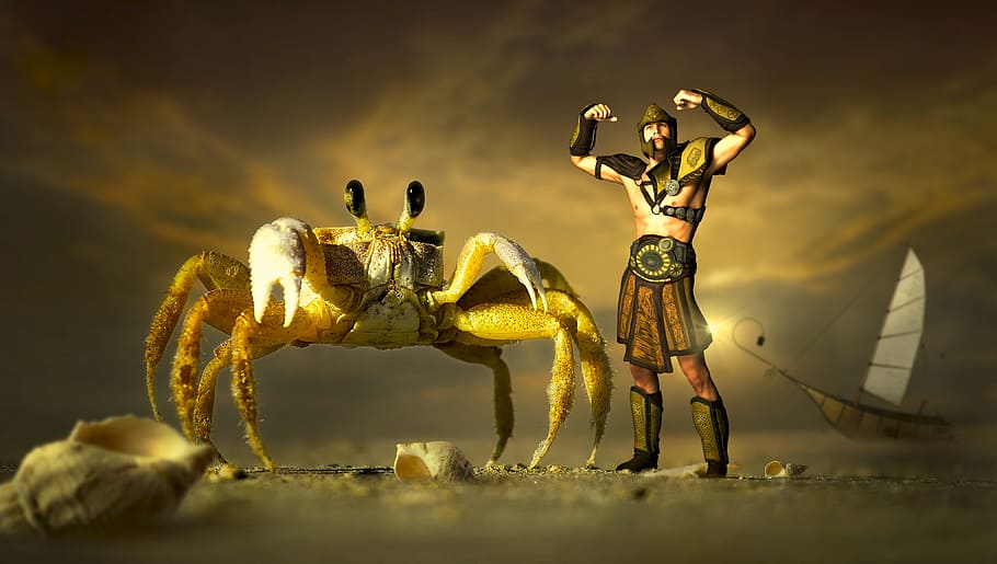 video game screenshot, fantasy, crab, warrior, ship, sea, lake, beach, shell, sand